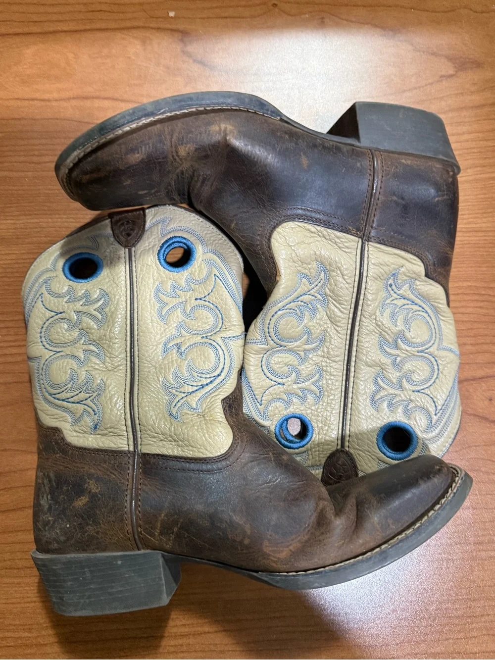 Ariat Brown and Cream Kids Western Pull-On Boots with Blue Accents